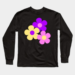 60's Flower Power Pop Flowers in Pink, Purple and Yellow on Black Long Sleeve T-Shirt